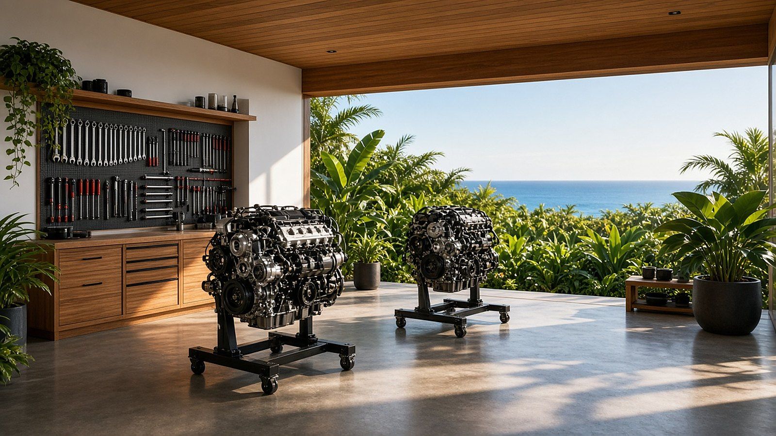 Bavarian Engine Sellers workshop with BMW engines on stands