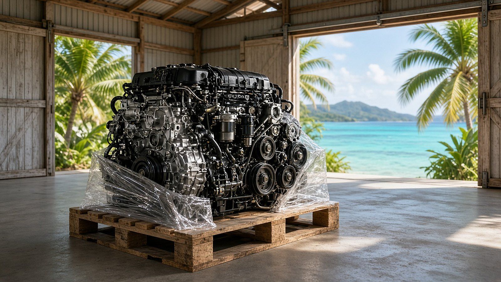 BMW engine packed on a pallet for shipping